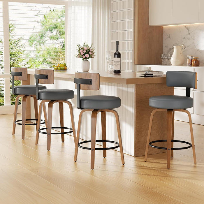 Swivel Bar Stools Set of 4, 26" Upholstered Faux Leather Counter Height Bar Stools with Back and Bentwood Legs, Mid Century Modern Bar Chairs Island Stools for Kitchen Counter, Dark Grey