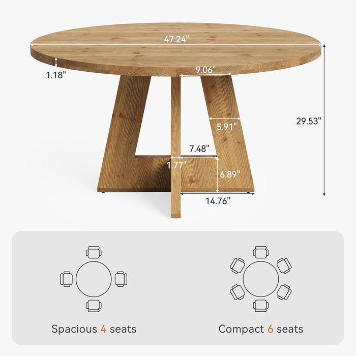 Solid Wood round Dining Table, 47" Farmhouse Kitchen Table for 4-6, Wooden Circle Dinner Table for Dining Room, Family Gathering, Natural Brown
