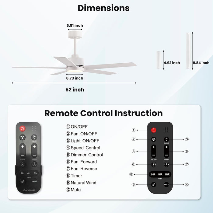 Modern 52 Inch Ceiling Fan Remote White LED