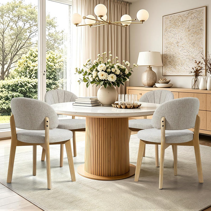 Modern Fabric Upholstered Dining Chairs Set of 4, Farmhouse Curved Back Armless Accent Chairs with Solid Oak Wood Legs, Walnut Kitchen Side Chairs for Dining Room, Bedroom/Restaurant, Oatmeal