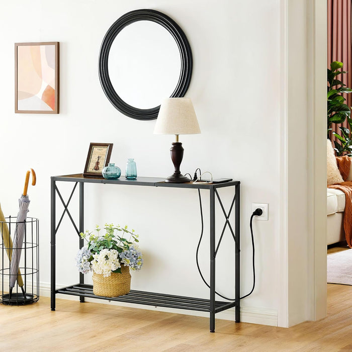 Console Table with Charging Station, 41.8" Entryway Table with Shelves, 2-Tier Narrow Sofa Table, Long behind Couch Table, for Entryway, Foyer, Living Room, Hallway, Brown & Black