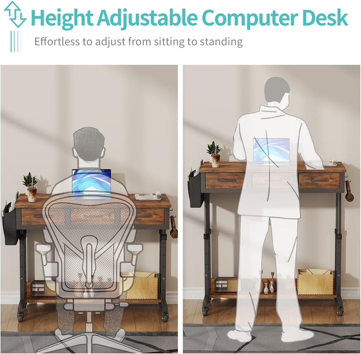 Rolling Height Adjustable Computer Desk With Drawers