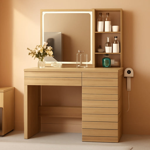 Vanity Desk with Lights, Fluted Vanity with 4 Drawers, Open Shelves, Power Outlet, LED Lighted Mirror, 3 Lighting Modes & Brightness Adjustable, Wood Dressing Table for Bedroom,Natural Oak