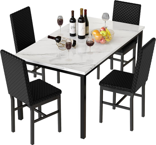 Extravagant Faux Marble Dining Table Set WhiteBlack