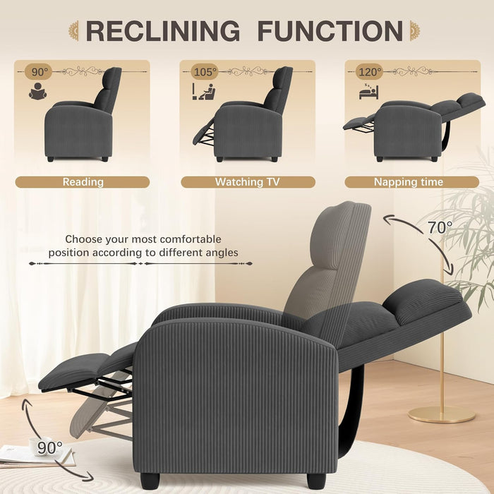 Massage Recliner Chair for Living Room Adjustable Reclining Chair Home Theater Seating Modern Winback Single Sofa for Adults with Footrest (Corduroy, Gray)