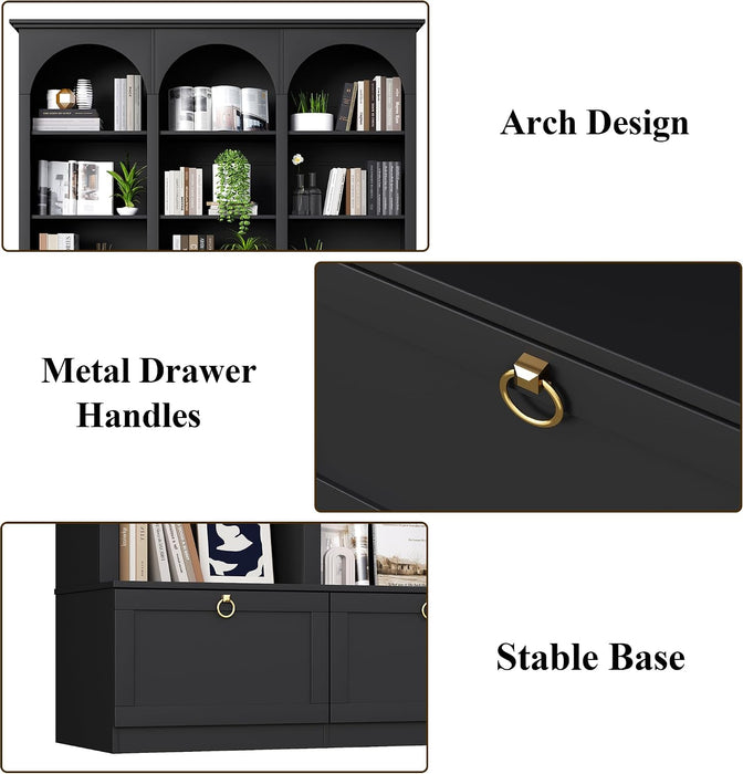71" Tall Triple Wide Bookshelf with Doors, 5-Tier Large Arched Bookcase | with Cabinets, Modern Bookcases with 15 Storage Shelves, Wood Book Shelf for Living Room, Home Office, Black