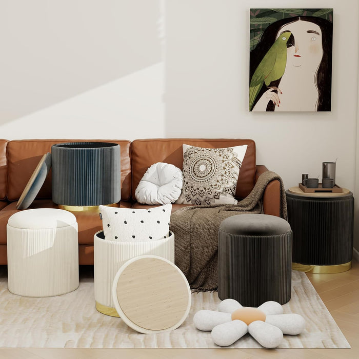 round Ottoman with Storage Set of 2, Upholstered Velvet Storage Ottoman, Vanity Stool for Makeup, Foot Rest for Living Room, Bedroom, Black