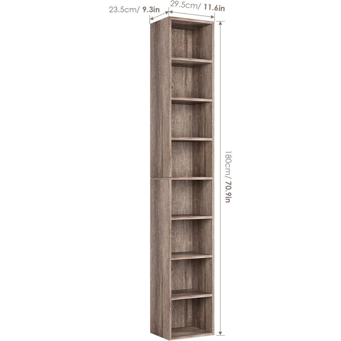 8-Tier Media Tower Rack, 11.6 X 9.3 X 70.9 Inches CD DVD Slim Storage Cabinet with Adjustable Shelves, Tall Narrow Bookcase Display Bookshelf for Home Office, Oak