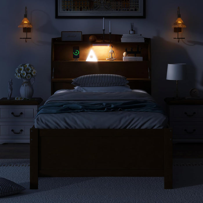 Twin Size Wooden Platform Bed with Trundle & LED Storage Headboard - 3 Drawers, Wood Twin Captain Bed with USB Outlets and Hidden Flip-Up Compartment for Kids Teens Boys Girls (Espresso)