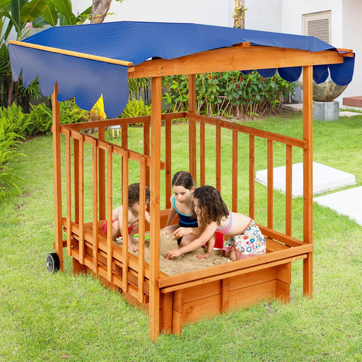 3 in 1 Kids Sandbox with Playhouse and Canopy, Wooden Cedar Bottomless Sand Pit for Backyard W/Wheels, Guardrails & Cover, Portable Sand Boxes for Kids Outdoor with Lid