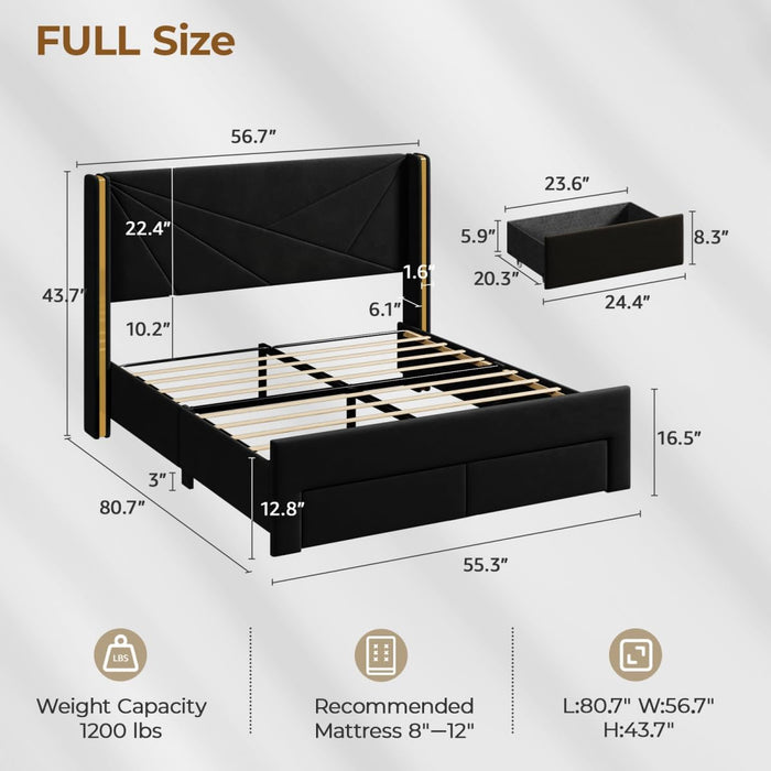 Full Size Bed Frame with Storage Drawers and Wingback Headboard, Velvet Upholstered Full Bed Frames Platform Bed with LED Lights, Wooden Slats Support, No Box Spring Needed, Noise-Free, Black