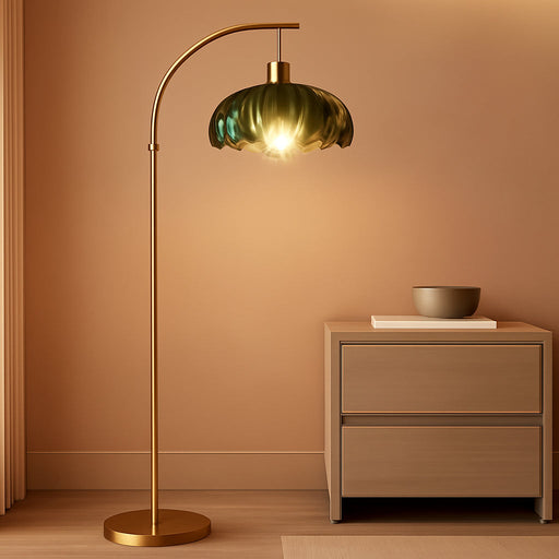 Glass Floor Lamp for Living Room,Bedroom,Gold Dimmable Standing Lamp with Remote,Mid Century Modern Brass Tall Lamp Boho Vintage Retro Floor Lamps Arc Green Flower Floor Light Lamp Bohemian