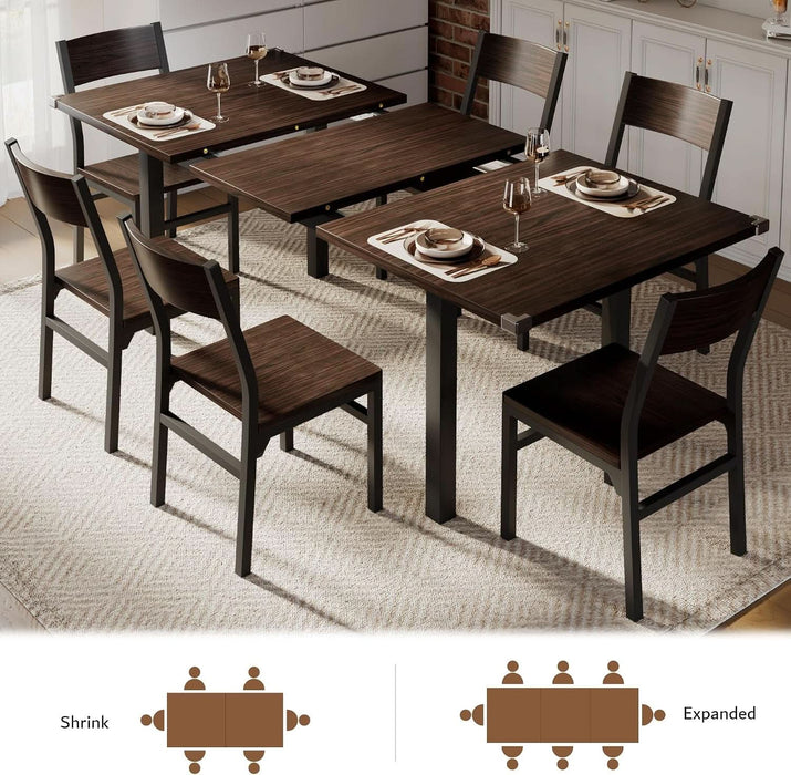 7 Pieces Dining Table & Chairs Set for 4-6, 63" Extendable Kitchen Table and 6 Chairs, Dining Room Table with MDF Board & Metal Frame, Perfect for Small Space, Easy Clean, Espresso