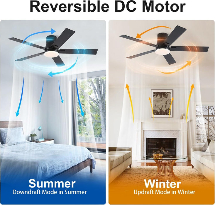 52 Inch Ceiling Fans with Lights and Remote,Flush Mount Black Ceiling Fan with 5 Blades,6 Speed Reversible DC Motor,3Cct Dimmable Led-Low Profile Design for Bedroom, Living Room & Covered Outdoor