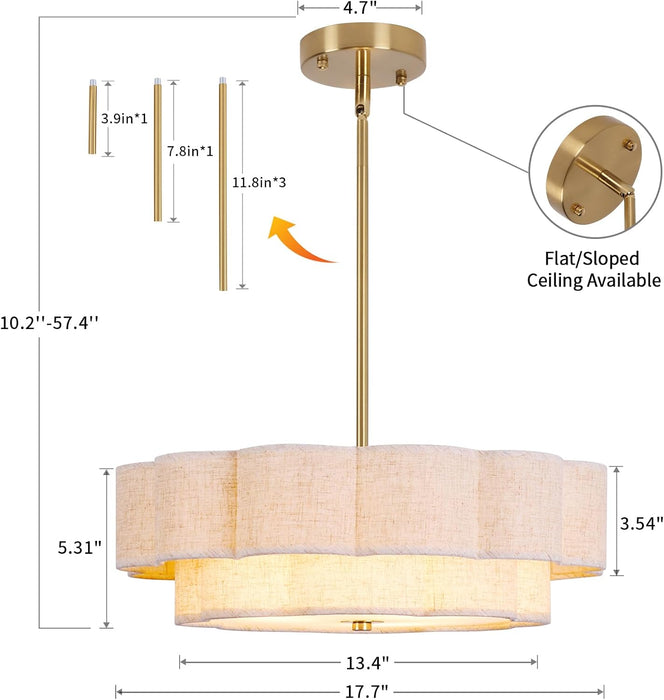 17.7 Inch Gold Layered Drum Chandelier FabricShade