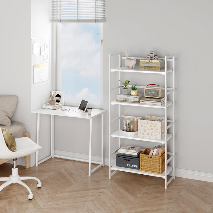 Vintage Multifunctional Folding Bookshelf, No-Assembly Plant Stand Storage Rack Shelves for Home Office (All White, 4-Tier)