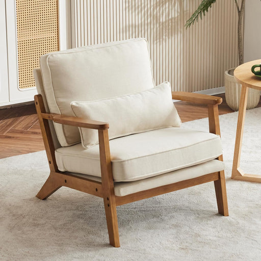 Beige Linen Mid Century Upholstered Armchair Lumbar