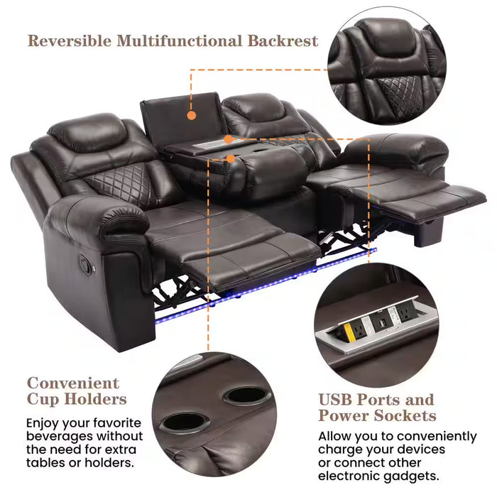 83.1 in Flared Arm Faux Leather Rectangle Manual Recliner 3-Seat Sofa In. Brown with Center Console and LED Light Strip