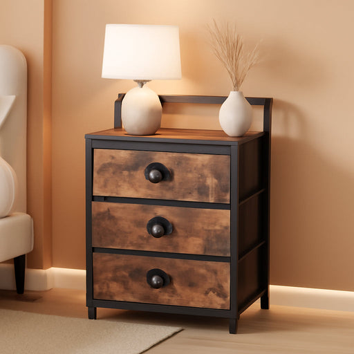 Nightstand with 3 Drawers and 2-Tier Shelf, Fabric Small Dresser Organizer Vertical Storage Tower for Bedroom, Closet, Hallway, Nursery, End Table Side Furniture, Sturdy Steel Frame, Wood Top