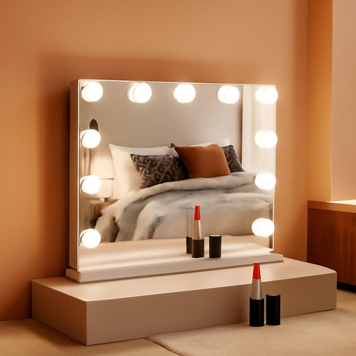 Vanity Mirror with Lights, Lighted Makeup Hollywood Mirror with Dimmable 3 Color Lights LED Bulbs for Desk and Wall, Mirrors with Plug-In and USB Charger for Bedroom