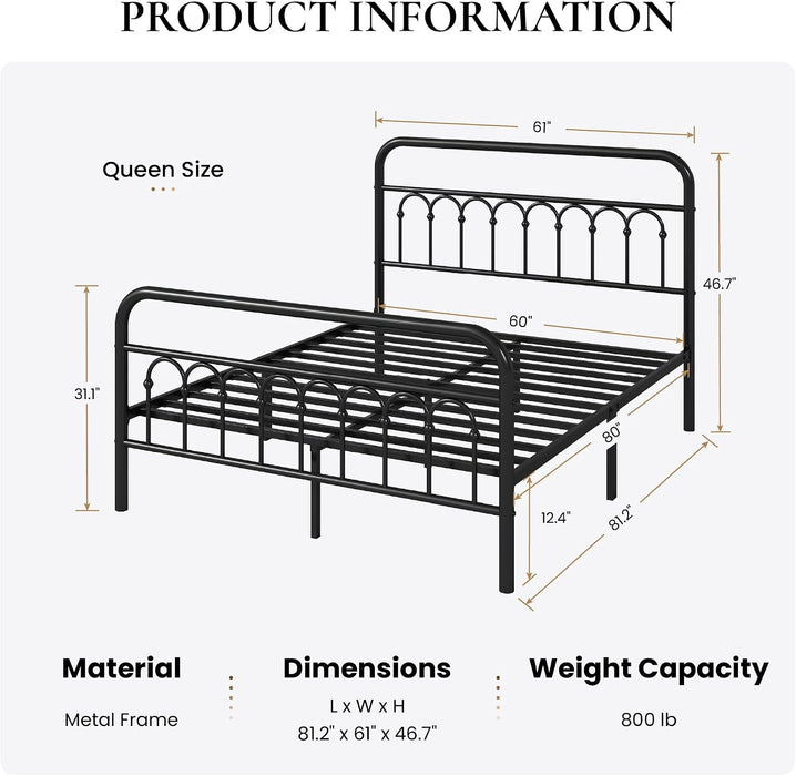 Queen Size Metal Platform Bed Frame with Headboard, Black