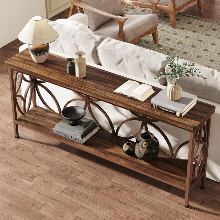 70.9-Inch Narrow Sofa Table, Industrial Long Sofa Table behind Couch, Entry Console Table with Storage for Entryway, Living Room, Foyer, Unique Design, Brown Glossy