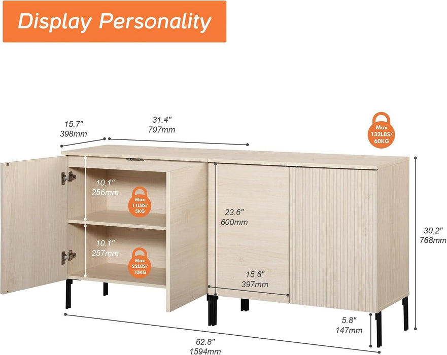 63" Sideboard Buffet Cabinet with 4 Doors and Adjustable Shelves, Fluted Storage Cabinet, Modern Credenza Coffee Bar Wine Bar Table for Kitchen, Dining Room, Living Room,Beige