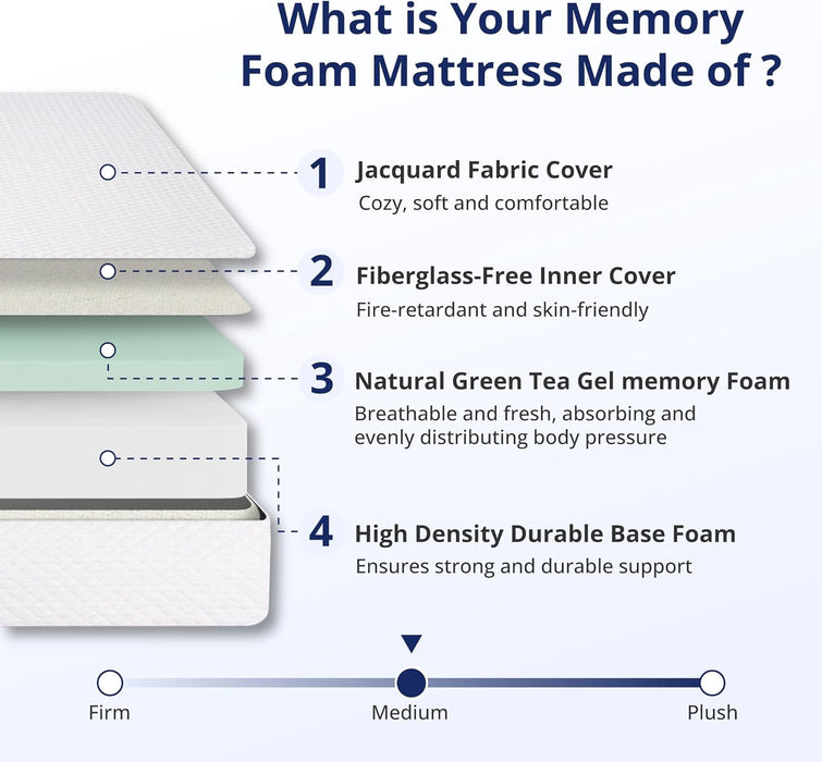 Queen Mattress 10 Inch Green Tea Memory Foam Mattress for Cool Sleep & Pressure Relief, Fiberglass Free, Bed in a Box, Removable Washable Cover, Certipur-Us Certified