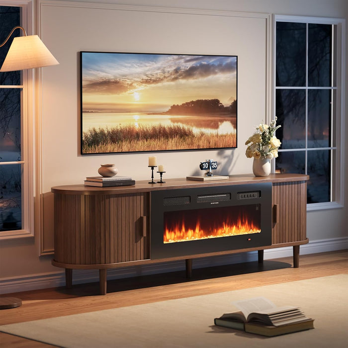 70" Mid Century Modern TV Stand with Fireplace, Fluted Fireplace TV Stand, Entertainment Center with Sliding Door, TV Console with Solid Wood Legs for Living Room, Walnut