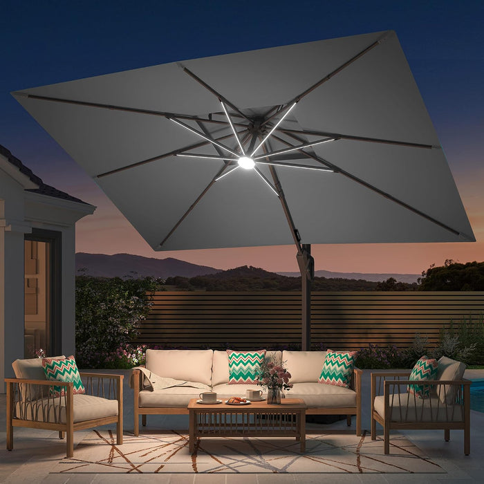 9' X 12' Patio Cantilever Outdoor Umbrella with Base and LED Lights