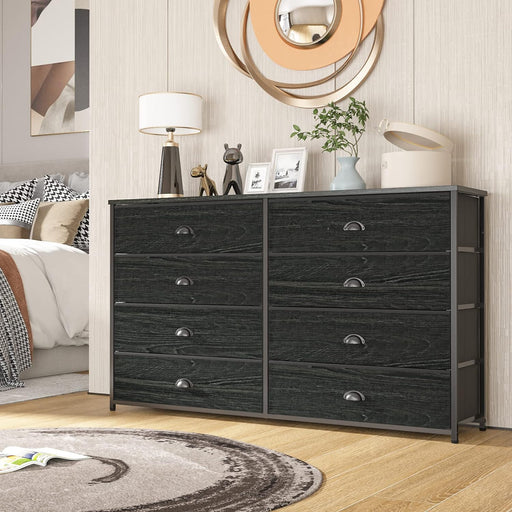 Black Oak Dresser with 8 Fabric Drawers & TV Storage