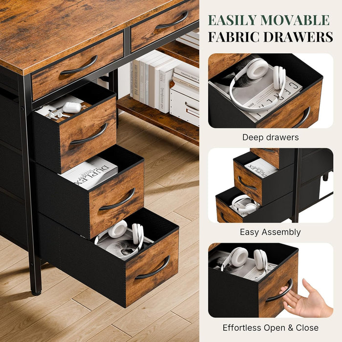 47" Computer Desk with 6 Drawers, Home Office Gaming Desks with Storage Shelves for Bedroom, Writing Study Corner Living Room Work Table Brown