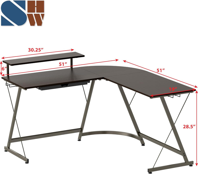 Vista L-Shape Desk with Monitor Stand, Espresso