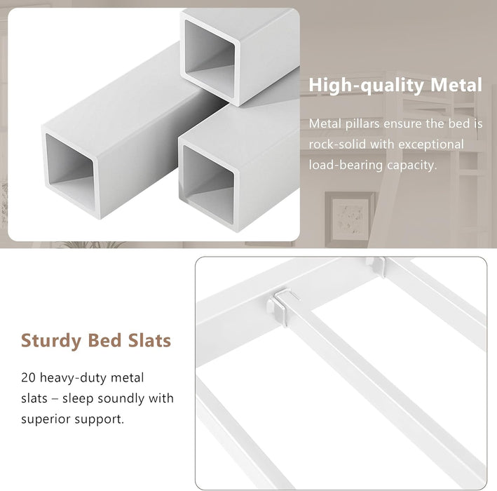 White Metal Bunk Bed TwinOverFull HeavyDuty Railings