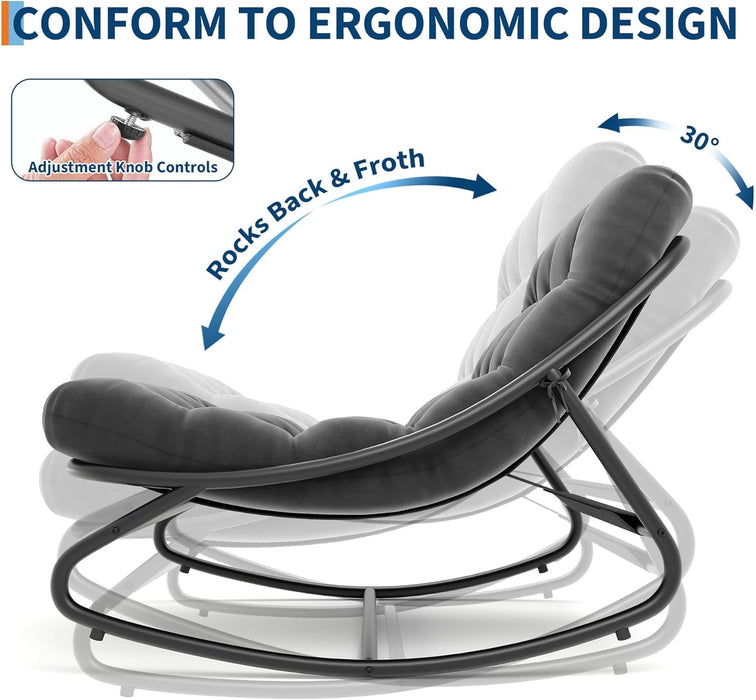 Outdoor Rocking Chair with Metal Frame, Adjustable Papasan Rocker, Waterproof Comfy Cushion, 450Lbs Capacity, for Patio, Porch, Garden, Living Room, Dark Grey