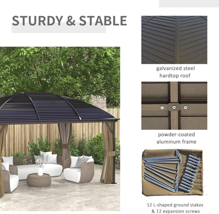 10' X 14' Hardtop Gazebo Canopy with Galvanized Steel Roof, Aluminum Outdoor Pavilion Gazebo with Top Hook, Netting, and Curtains for Patio, Garden, Backyard, Deck, Brown