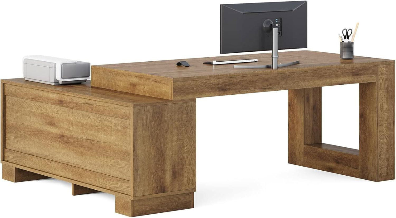 Brown 63InchLong LShaped Desk With Sliding Cabinets
