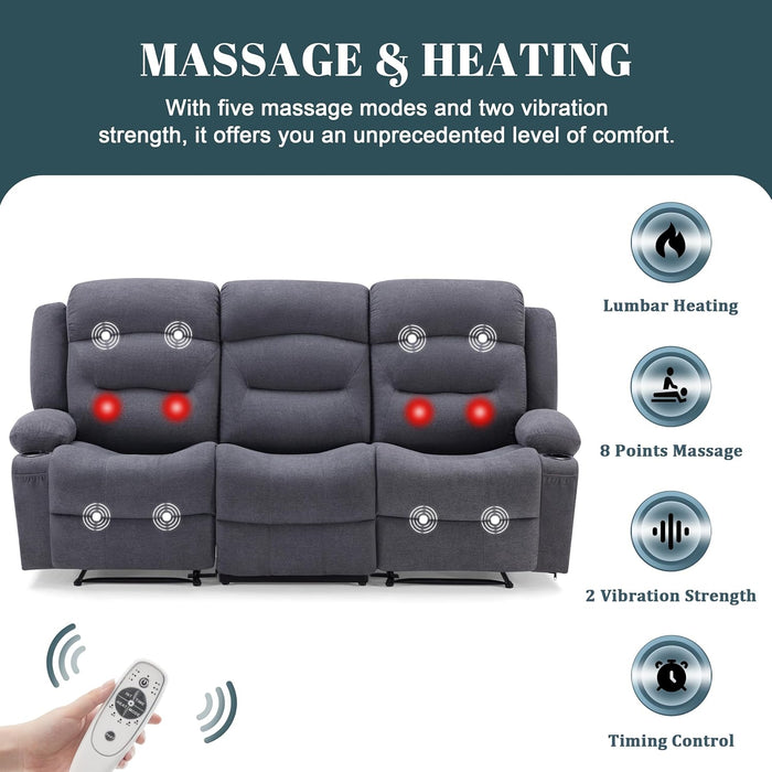 Oversized Recliner Sofa with Heat and Massage, Big Large 3-Seater RV Recliner Couch Sofa for Living Room, Wall-Hugger Reclining Sofa with Cup Holders and USB Port (Fabric, Grey)