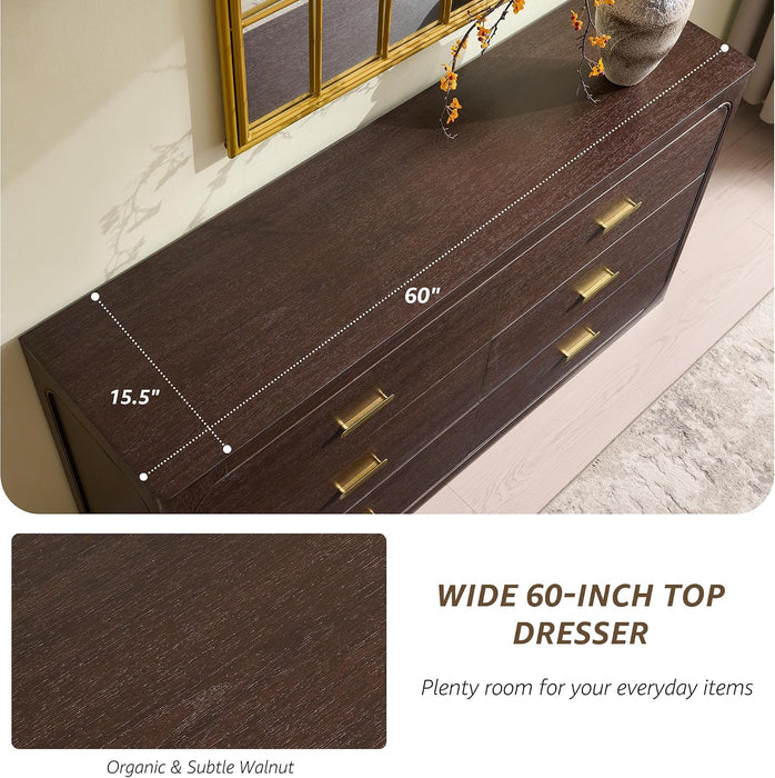 60" Wide Transitional 6-Drawer Dresser for Bedroom, Cacao Walnut