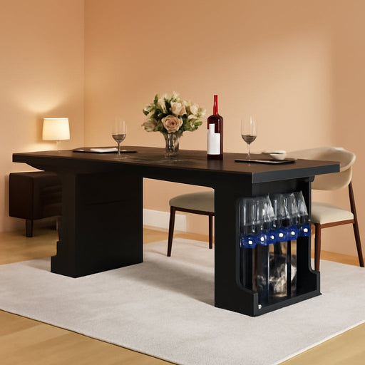 70.8" Large Dining Table with Glass Storage Cabinet & LED Lights, Modern Kitchen Table for 4-8, Rectangle Dining Room Table, Long Dinner Tables for Kitchen,Living Room(Black)
