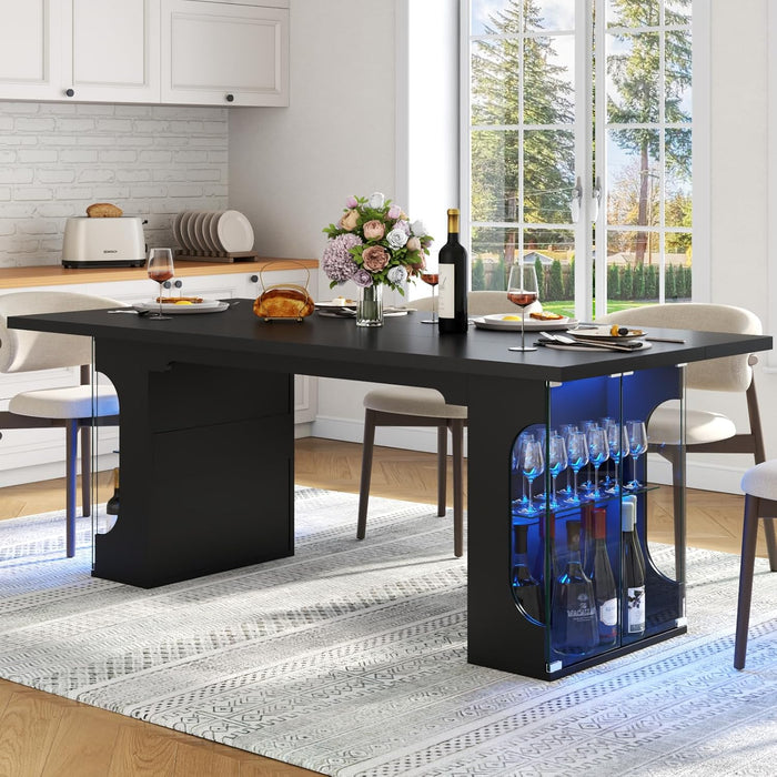 70.8" Large Dining Table with Glass Storage Cabinet & LED Lights, Modern Kitchen Table for 4-8, Rectangle Dining Room Table, Long Dinner Tables for Kitchen,Living Room(Black)