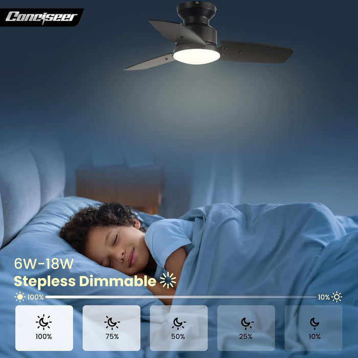 30 Inch Ceiling Fans with Lights and Remote, Bedroom Living Room Office, Flush Mount, 3CCT Dimmable, Dual Color 3 Blades 6 Speed Reversible Quiet DC Motor, Black/Wood Grain