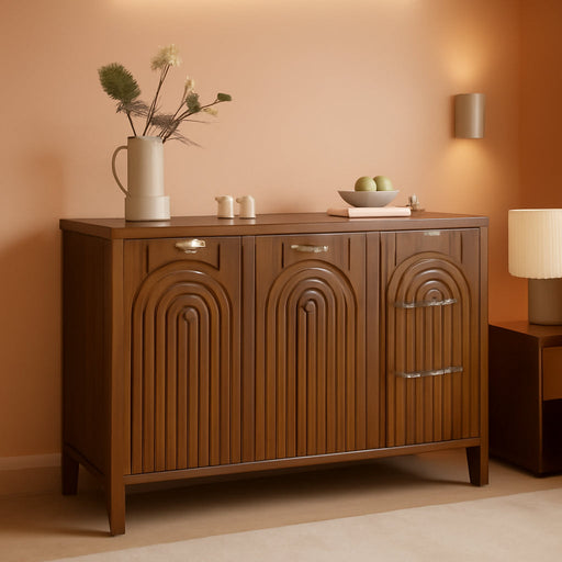 Sideboard Buffet Cabinet with Storage - Fluted Accent Coffee Bar Cabinets Kitchen Credenza with Drawers & Doors, Wood Console Side Board with Adjustable Shelf for Living Room Entryway, Walnut