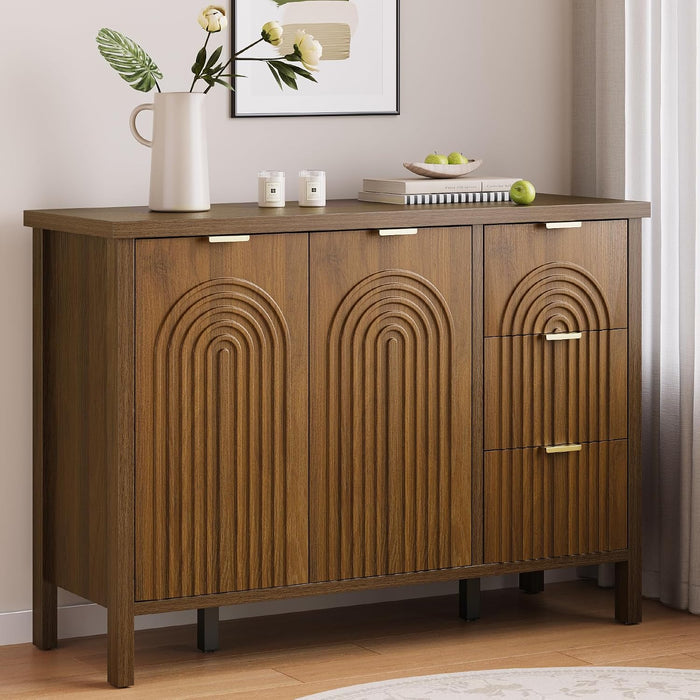 Sideboard Buffet Cabinet with Storage - Fluted Accent Coffee Bar Cabinets Kitchen Credenza with Drawers & Doors, Wood Console Side Board with Adjustable Shelf for Living Room Entryway, Walnut