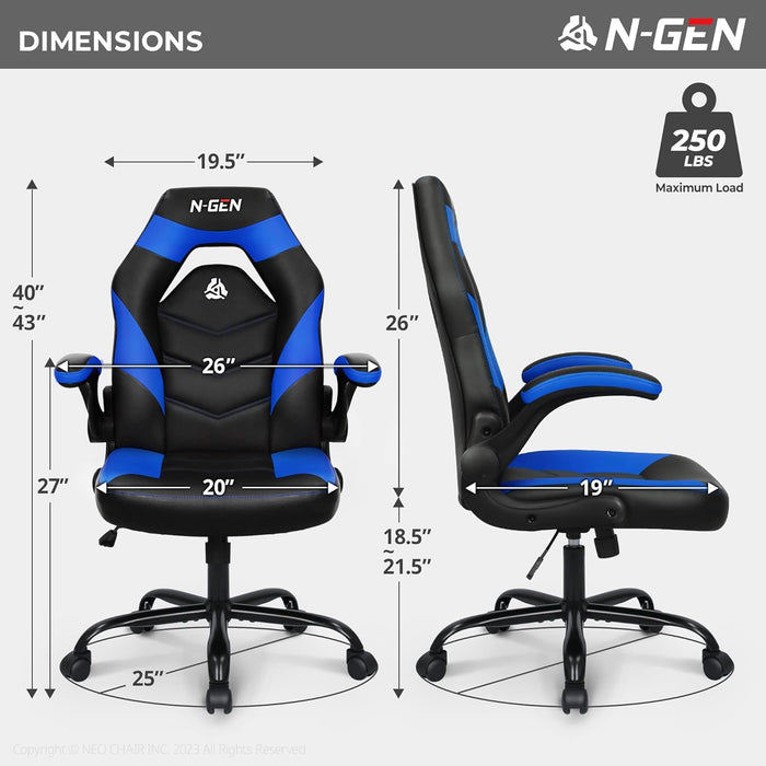 N-GEN Video Gaming Computer Chair Ergonomic Office Chair Desk Chair with Lumbar Support Flip up Arms Adjustable Height Swivel PU Leather Executive with Wheels for Adults Women Men (Blue)