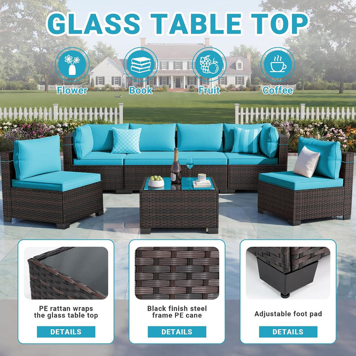 7-Piece Outdoor Patio Furniture Sets, Manual Weaving Rattan Conversation Sectional Sofa with Tempered Glass Coffee Table, All-Weather PE Wicker & Thick Cushions for Garden, Backyard, Porch