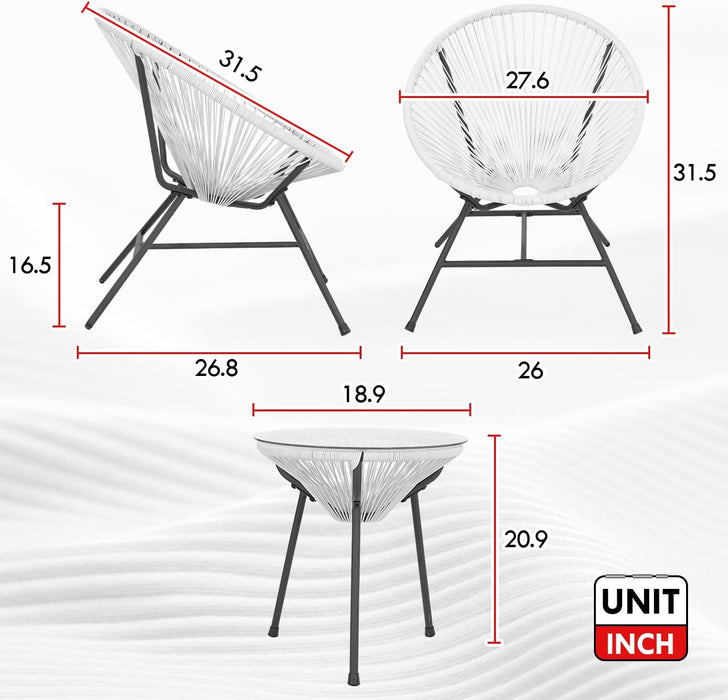 Acapulco Patio Bistro Set 3-Piece Outdoor Furniture Set All-Weather Woven Rope Patio Conversation Set with Glass Top Table and 2 Chairs (White)