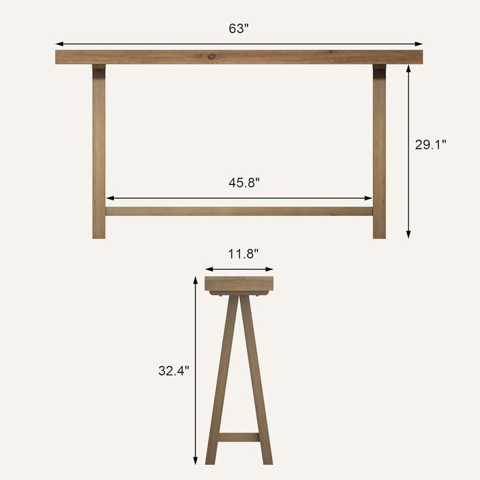 Solid Wood Console Tables - 63" Pinewood Farmhouse Rustic Hallway Table, Foyer Tables Living Room, Solid Firwood Sofa Table for Entryway, Brown