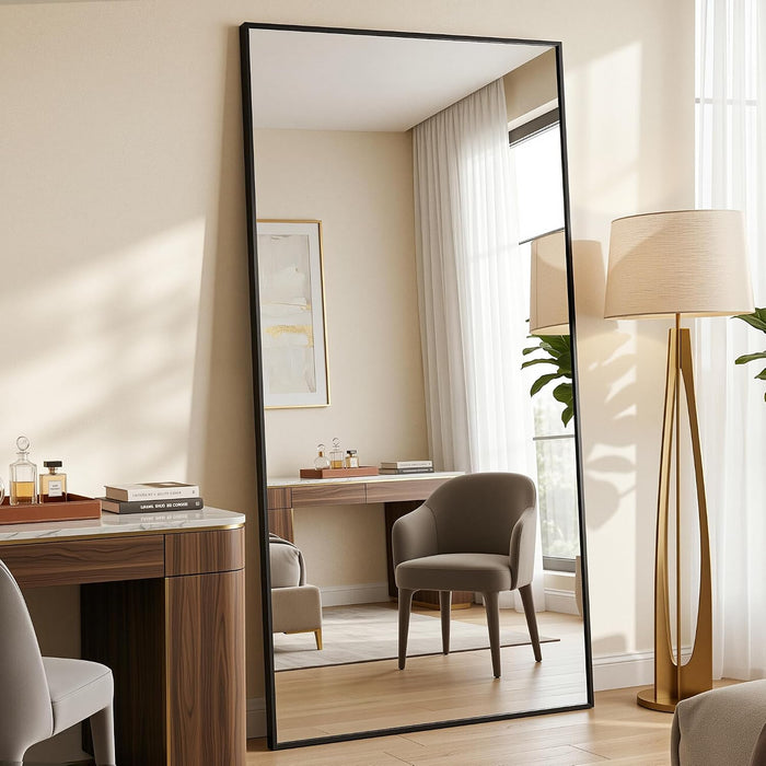 76"×34" Full Length Wall Mounted Hanging Mirror, Aluminum, Black