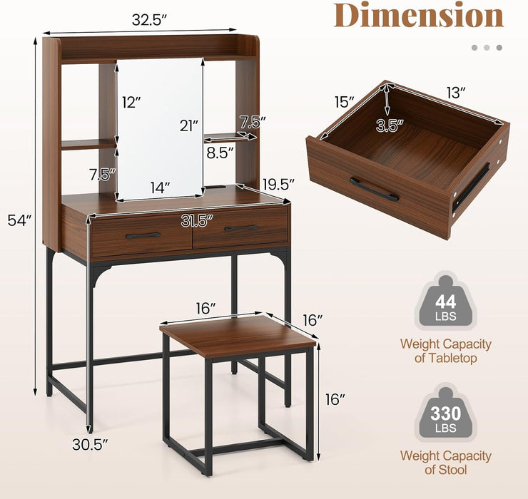 Vanity Desk with Mirror and Stool, Industrial Dressing Table with Power Outlet, 4 Shelves, 2 Storage Drawers, Bedroom Makeup Vanity Set for Women Teens Girls (Walnut)